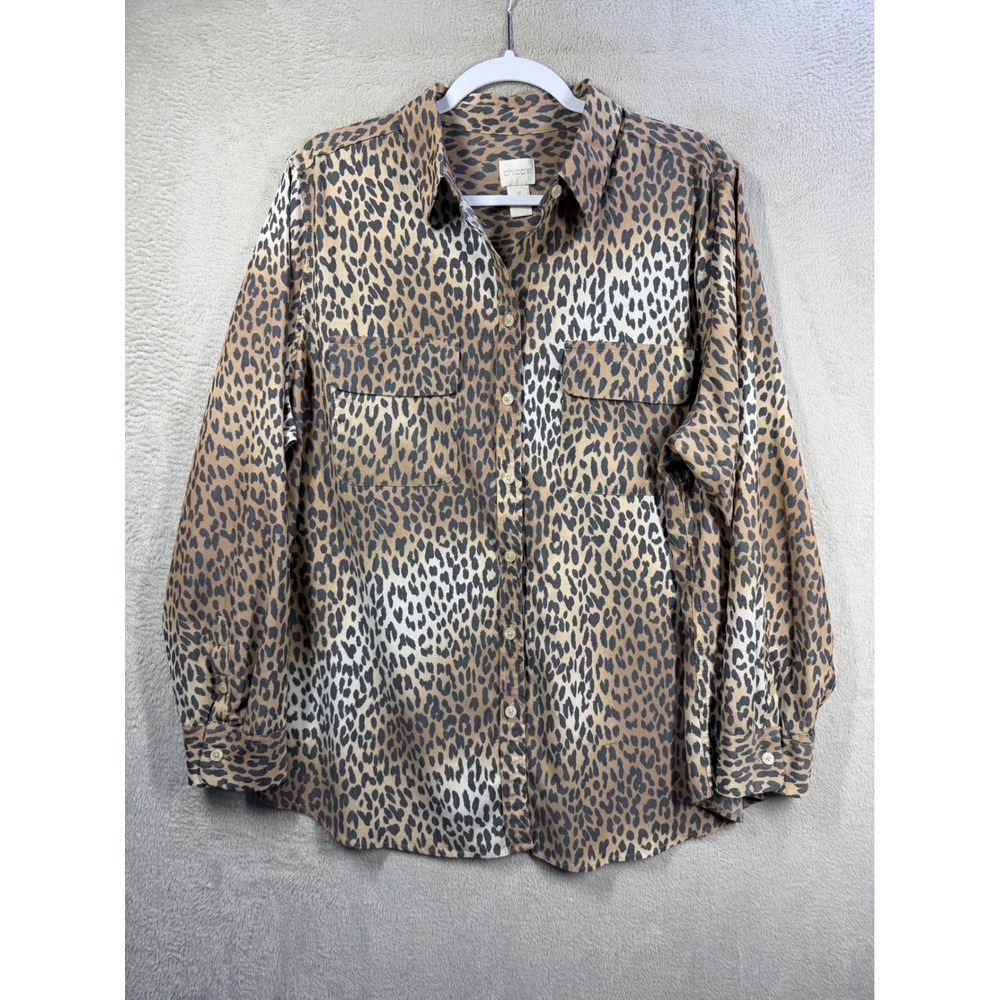 Chico's Button Down Shirt Women XL Tan Leopard Animal Print Long Sleeve Stretch